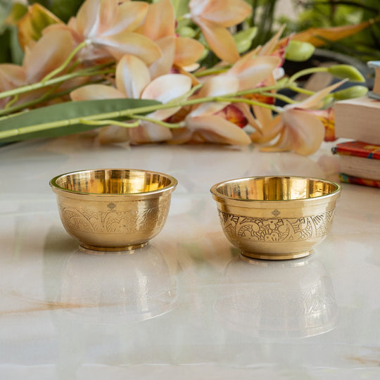 Pure brass embossed round bowl dinnerware studio view — Indian Art Villa