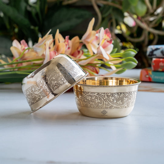 Pure Brass Embossed Design Flat Bottom Bowl Volume-200 ml