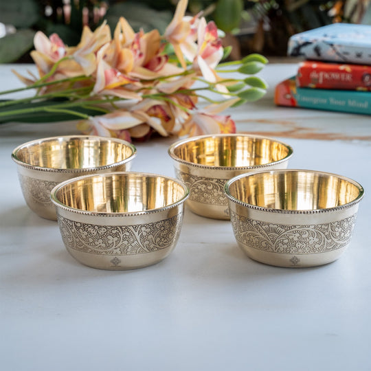 Pure Brass Embossed Design Flat Bottom Bowl Volume-200 ml