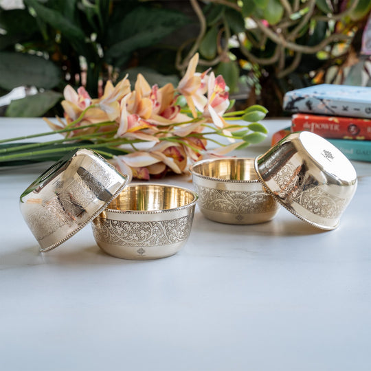 Pure Brass Embossed Design Flat Bottom Bowl Volume-200 ml
