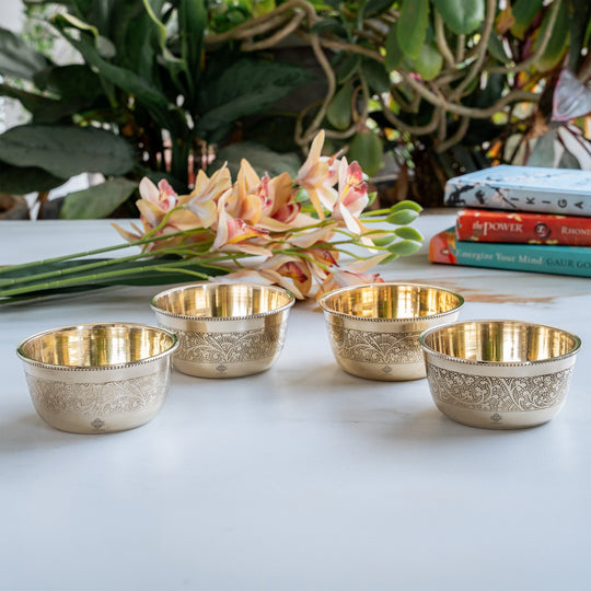 Pure Brass Embossed Design Flat Bottom Bowl Volume-200 ml