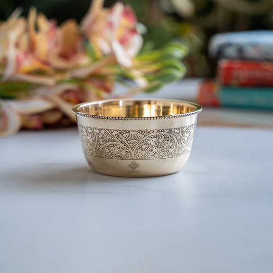 Pure Brass Embossed Design Flat Bottom Bowl Volume-200 ml