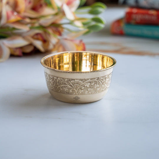 Pure Brass Embossed Design Flat Bottom Bowl Volume-200 ml