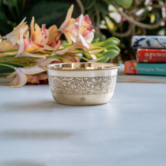 Pure Brass Embossed Design Flat Bottom Bowl Volume-200 ml