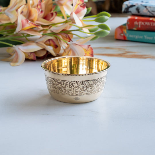 Pure Brass Embossed Design Flat Bottom Bowl Volume-200 ml