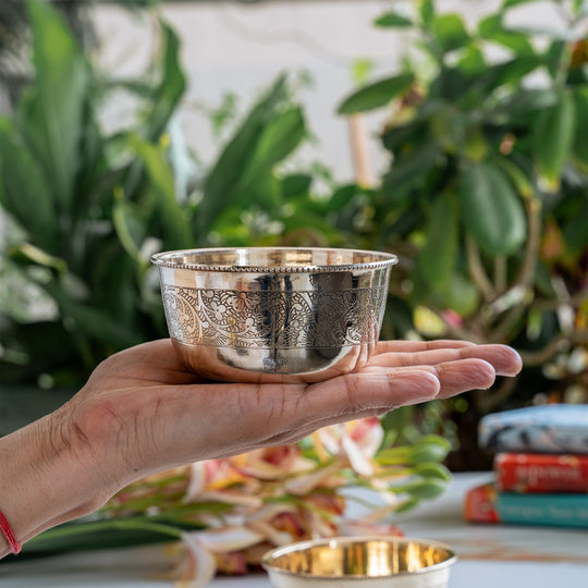Pure Brass Embossed Design Flat Bottom Bowl Volume-200 ml