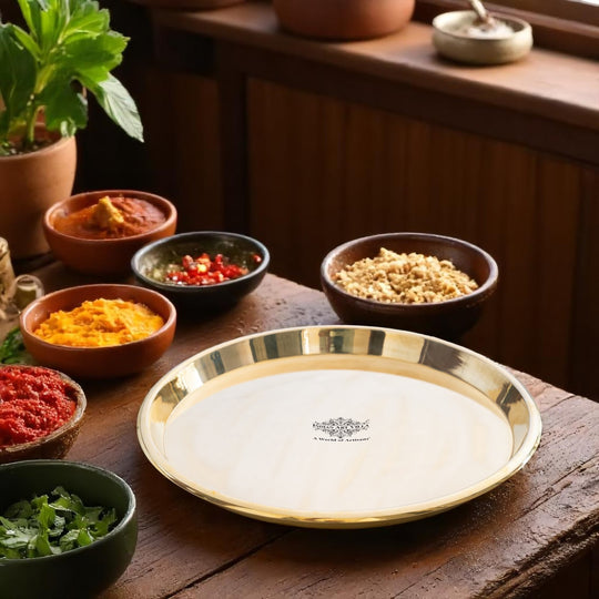 Round brass serving plate with defined edges ideal for temple pooja kitchen and festive serving by Indian Art Villa