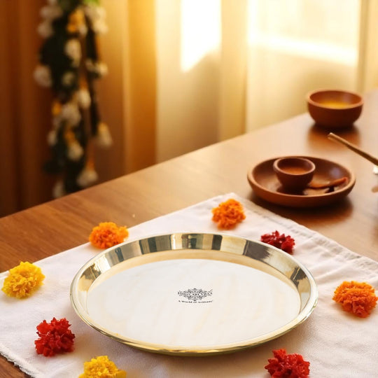 Indian Art Villa handcrafted brass plate with perfect depth and high rim ideal for worship serving or gifting