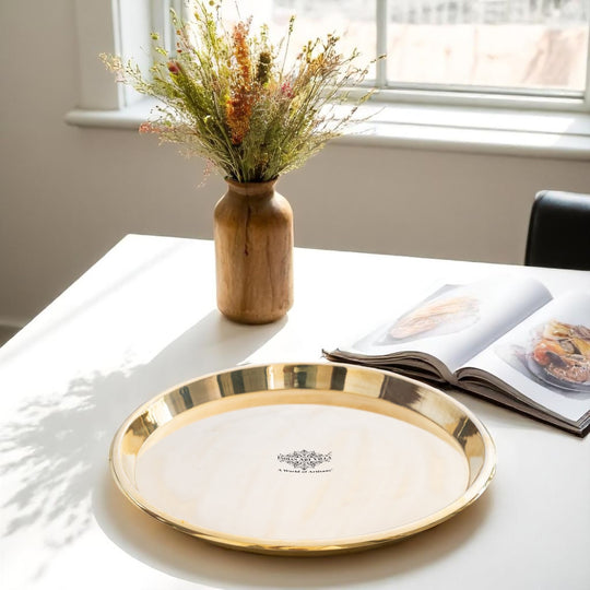 Handmade Designer Brass Thali with perfect Space & Raised Borders by indian art villa