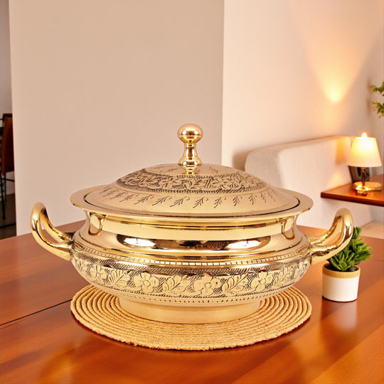 Pure brass engraved floral design casserole Mughlai style serveware front view — Indian Art Villa