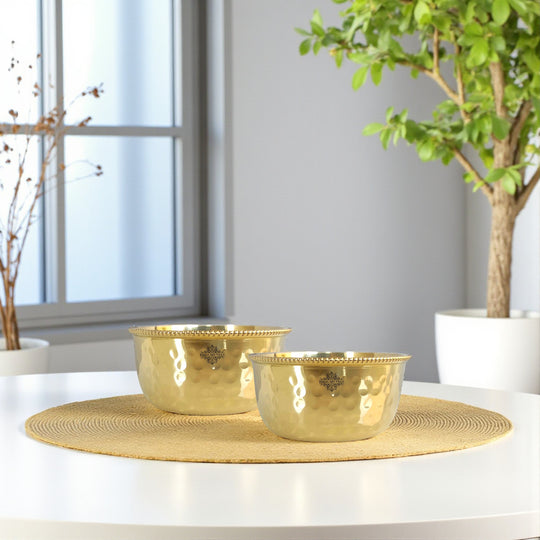 Brass hammered designer bowl beaded design dinnerware tableware front view — Indian Art Villa