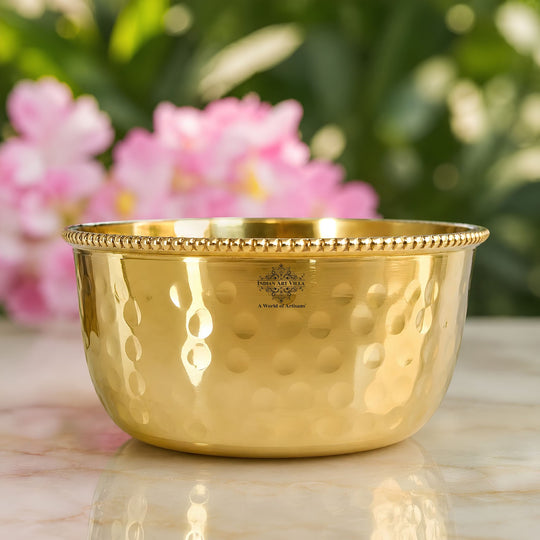 Brass Hammered Designer Bowl with Beaded Design, Dinnerware, Tableware — Indian Art Villa