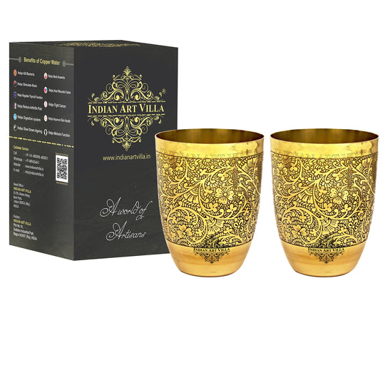 Indian Art Villa handcrafted brass glass set with embossed floral pattern traditional drinkware for home dining and decor use
