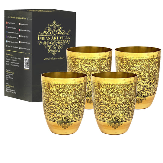 Antique style brass tumbler by Indian Art Villa with embossed floral texture perfect for vintage kitchen accessories