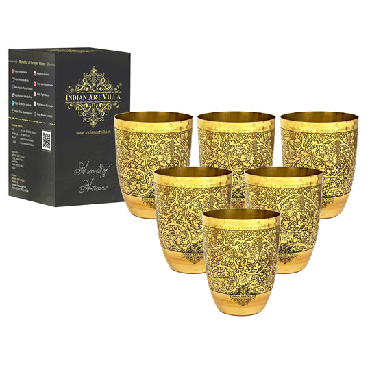 Brass glass set with artistic floral embossing from Indian Art Villa ideal for Diwali pooja rituals and traditional serving