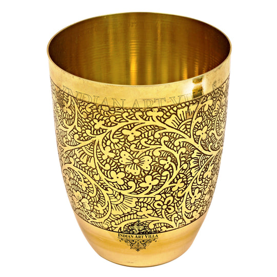Handcrafted pure brass glass with artistic embossed design premium serveware by Indian Art Villa for gifting purpose