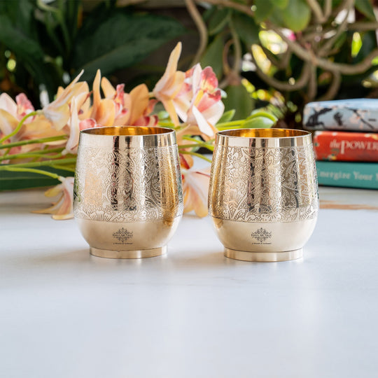 Pure Brass Embossed Flower Design Glass, Tumbler, 300 ml
