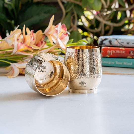 Pure Brass Embossed Flower Design Glass, Tumbler, 300 ml