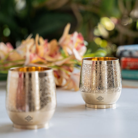 Pure Brass Embossed Flower Design Glass, Tumbler, 300 ml