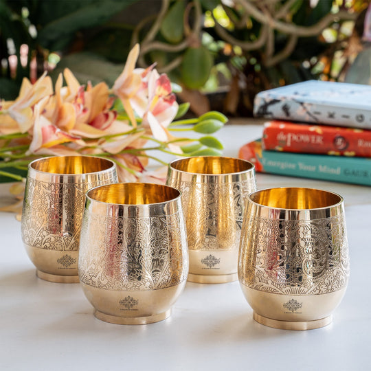 Pure Brass Embossed Flower Design Glass, Tumbler, 300 ml