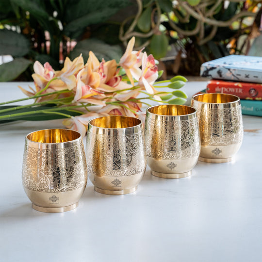 Pure Brass Embossed Flower Design Glass, Tumbler, 300 ml