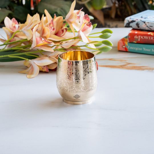 Pure Brass Embossed Flower Design Glass, Tumbler, 300 ml