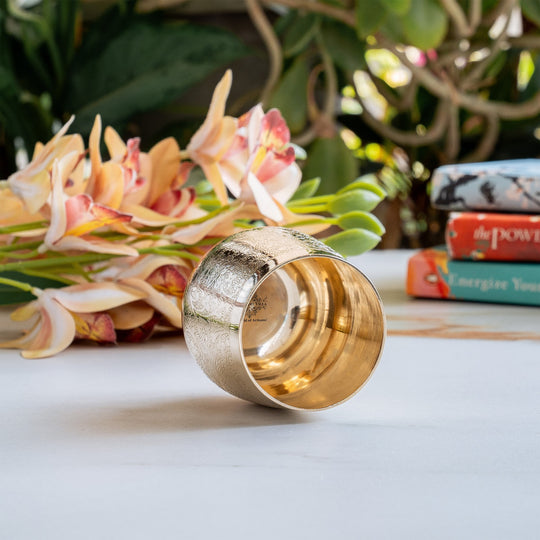 Pure Brass Embossed Flower Design Glass, Tumbler, 300 ml