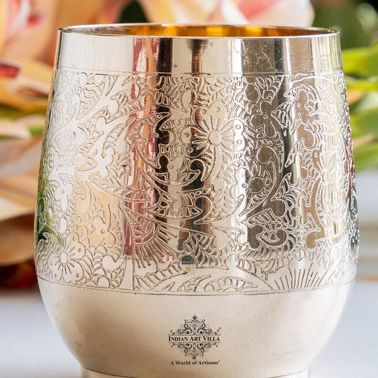 Pure Brass Embossed Flower Design Glass, Tumbler, 300 ml