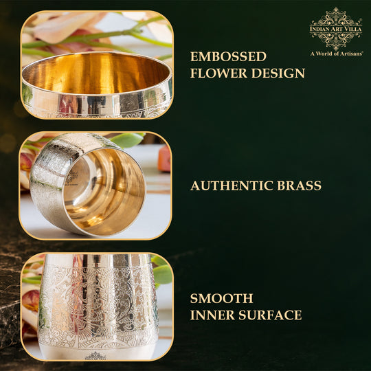 Pure brass embossed flower design glass tumbler 300 ML full view — Indian Art Villa