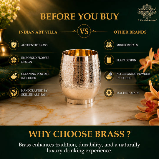 Pure brass embossed flower glass tumbler 300 ML studio view — Indian Art Villa