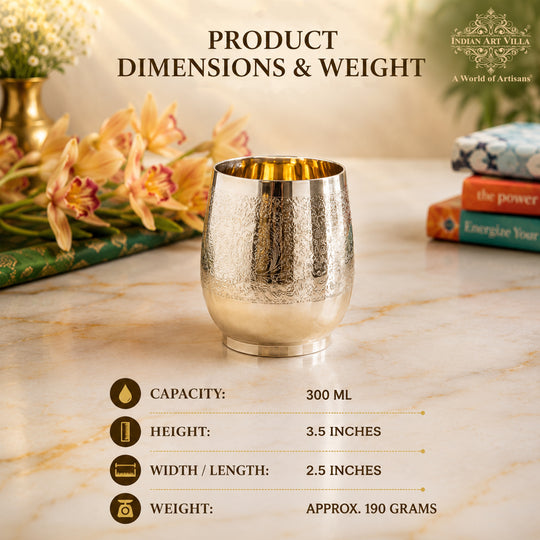 Pure brass embossed flower glass tumbler 300 ML premium finish — Indian Art Villa