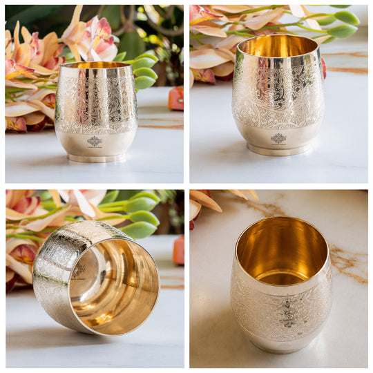 Pure brass embossed flower glass tumbler 300 ML lifestyle use — Indian Art Villa