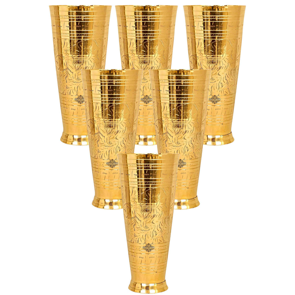 Indian Art Villa Embossed Flower Design Brass Lassi Glass Tumbler, Drinkware Home Restaurant, Gold