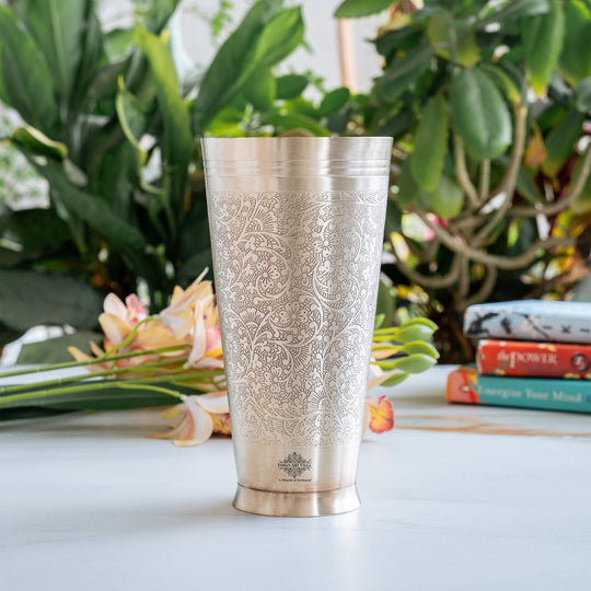 Embossed flower brass lassi glass side view — Indian Art Villa