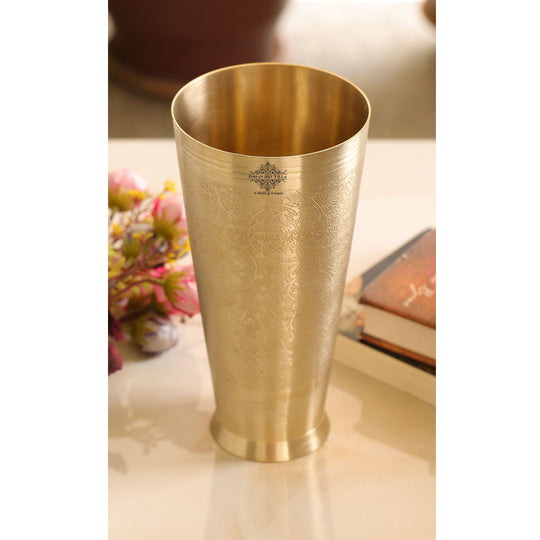 Traditional brass lassi glass with embossed flower pattern 400ml capacity perfect for Indian drinks by IAV