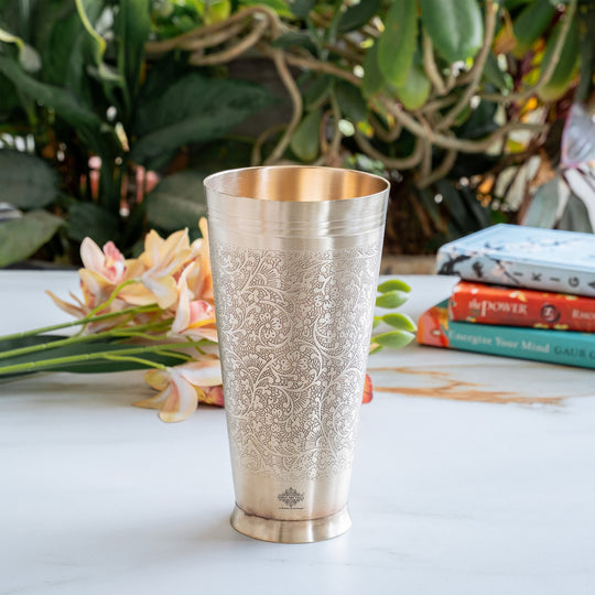 Embossed flower design brass lassi glass front view — Indian Art Villa