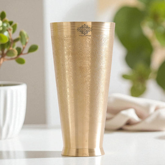 Embossed flower brass lassi glass lifestyle — Indian Art Villa