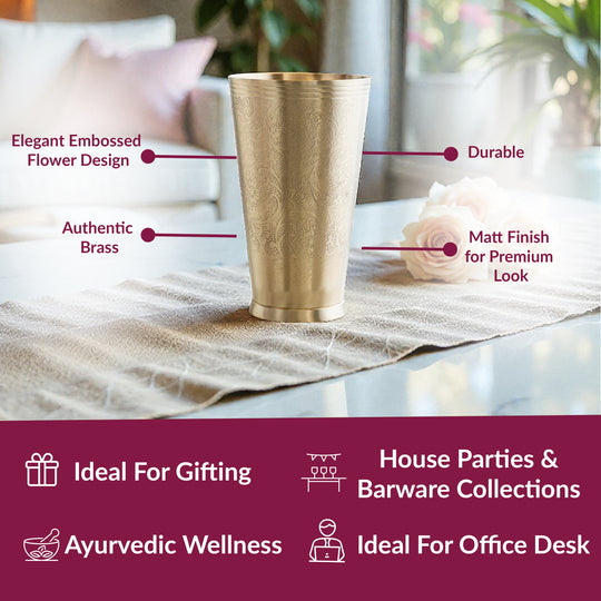 Embossed Flower Design Brass Lassi Glass