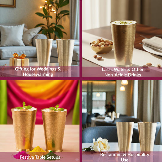 Embossed Flower Design Brass Lassi Glass