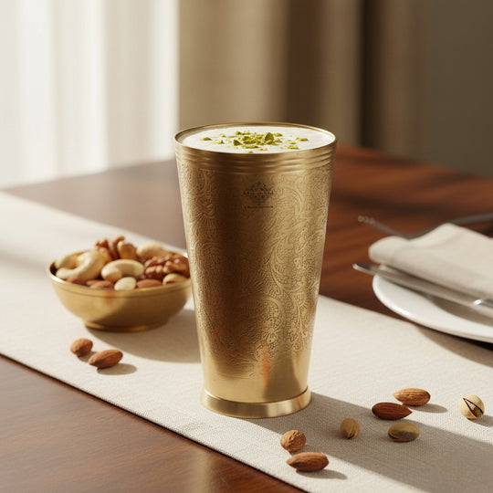 Embossed Flower Design Brass Lassi Glass