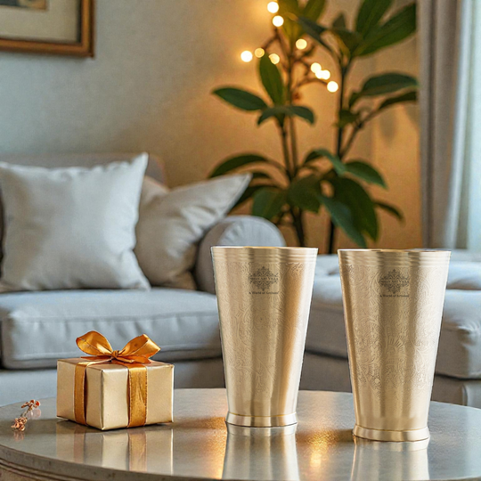 Embossed Flower Design Brass Lassi Glass