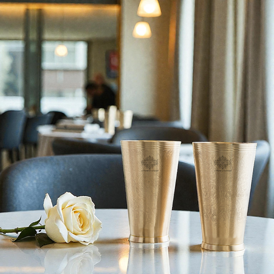 Embossed Flower Design Brass Lassi Glass