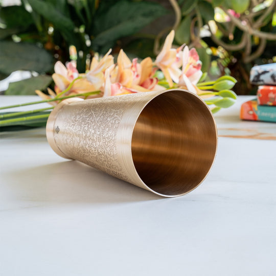 Embossed Flower Design Brass Lassi Glass