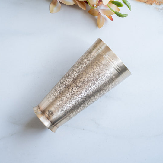 Embossed Flower Design Brass Lassi Glass