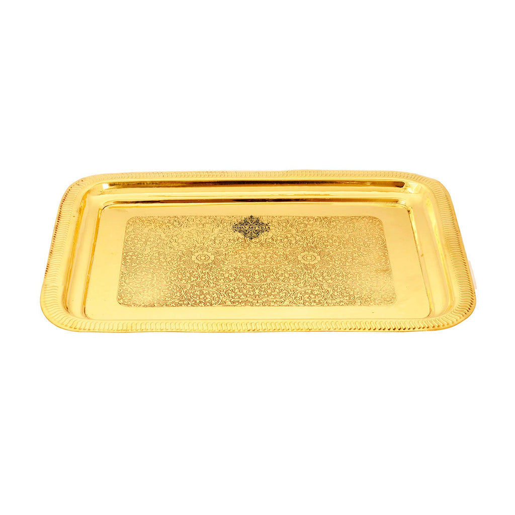 IndianArtVilla Brass Embossed Design Tray with beautiful Edges, Serveware, Tableware