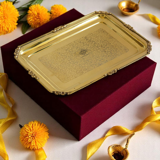 Indian Art Villa rectangular brass platter with fine floral engraving shiny gold surface and sculpted raised frame