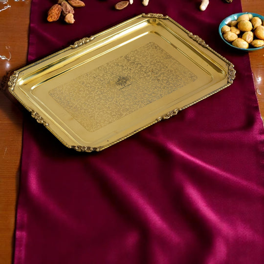 Brass platter with embossed rectangular design ideal for serving dry fruits sweets or snacks during festive celebrations