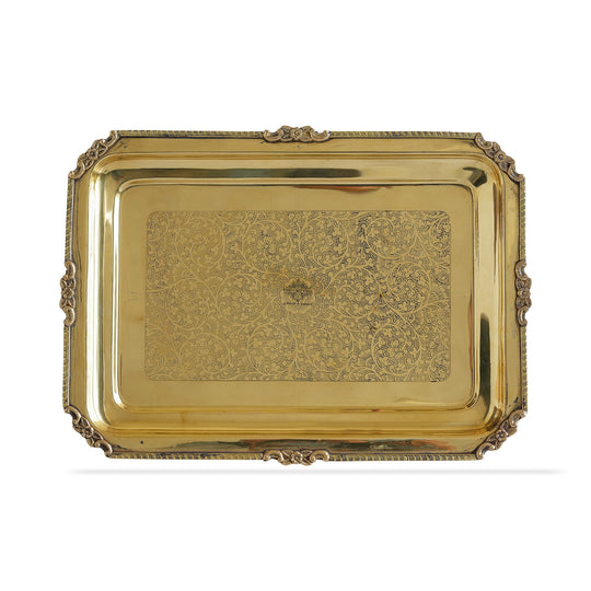 Brass platter with traditional floral embossing rectangular structure and antique gold tone from Indian Art Villa
