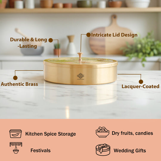 Pure Brass Masala Box With Two  Peacock Design On Lid