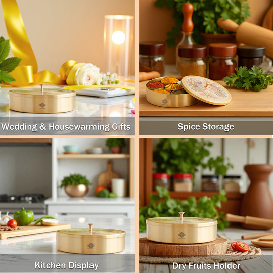 Pure Brass Masala Box With Two  Peacock Design On Lid